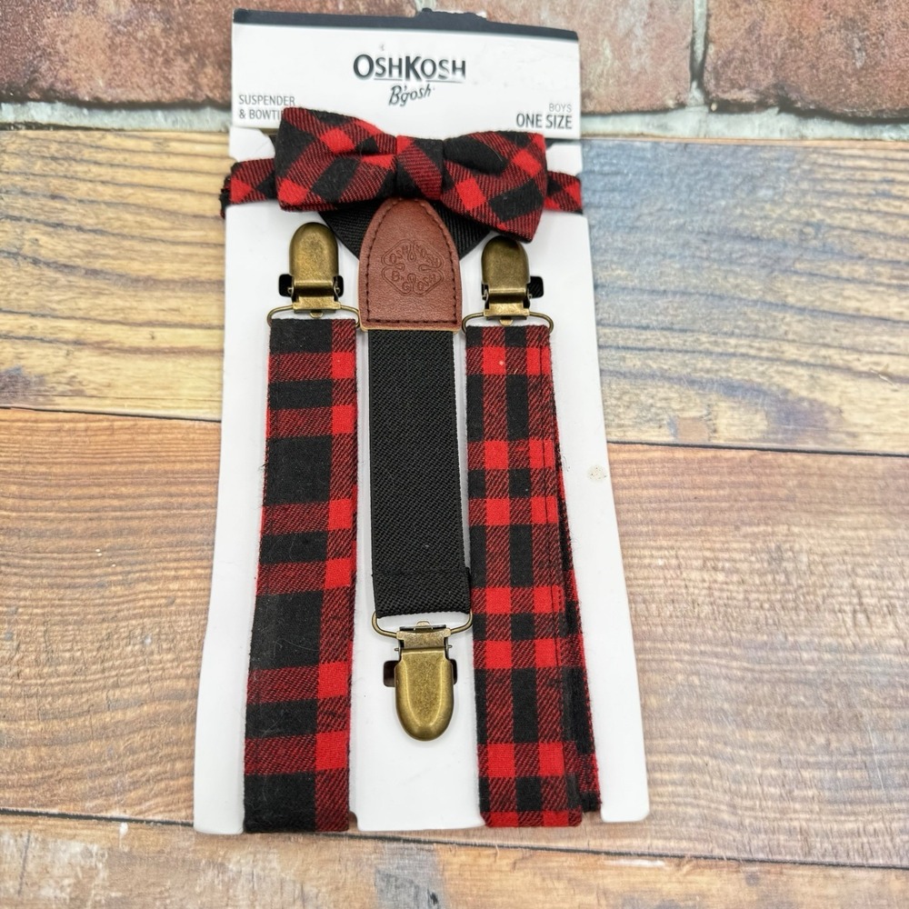 Osh Kosh B'Gosh Boys Bow Tie Suspenders Set Buffalo Plaid Red Black One Size NEW
